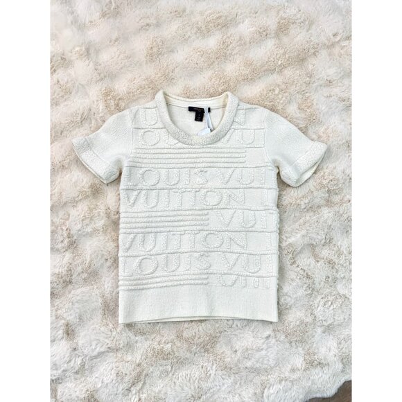 Louis Vuitton White Embossed Logo Short-Sleeve Knit Wool Top Size S Made In Ital - Picture 1 of 8